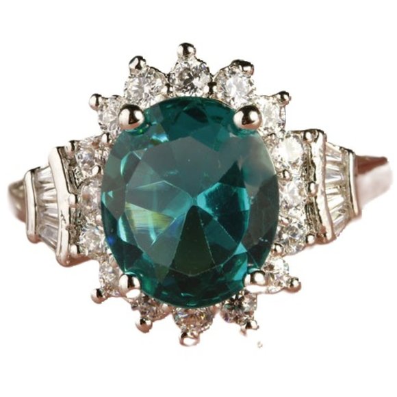 Jewelry - Halo Oval Green CZ Fashion Ring in Sterling Silver - Size 9